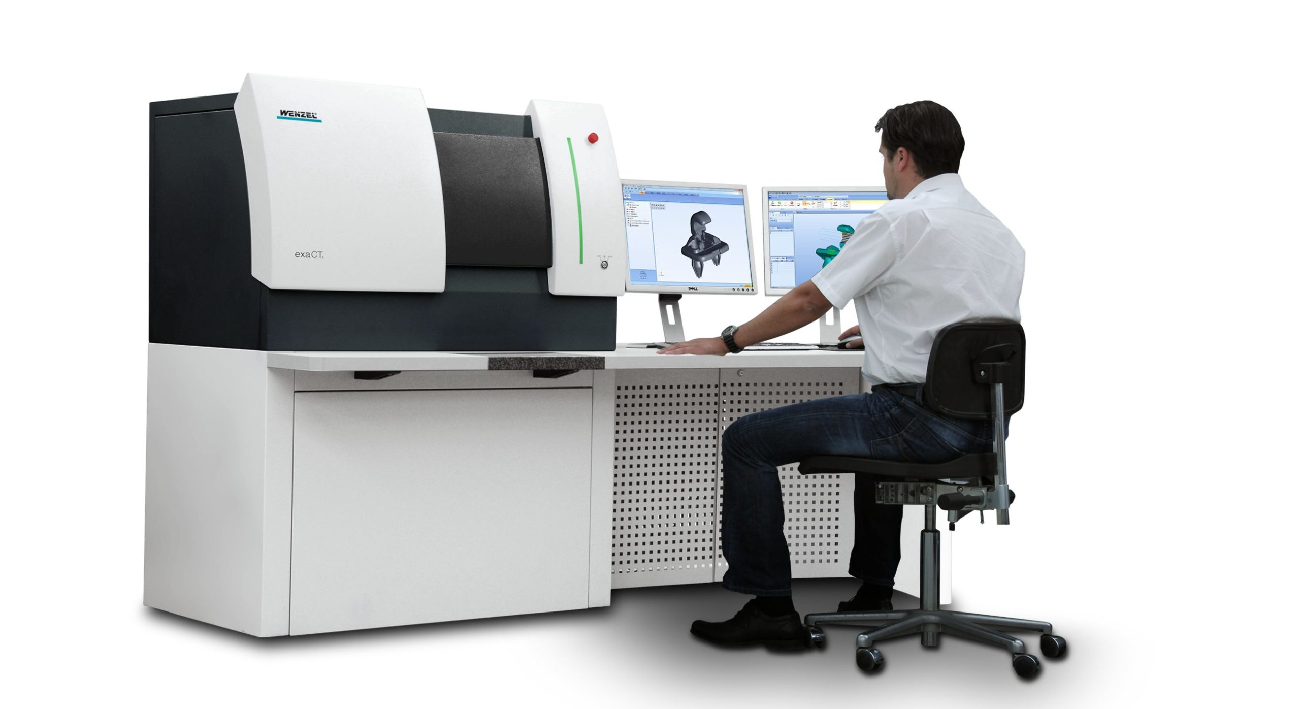 Tomógrafo industrial WENZEL exaCT M con la reconstrucción 3D de un componente en pantalla